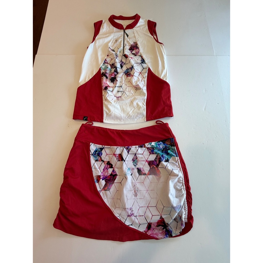 SwingDish Womens Red White Geometric Floral Golf Tennis Skort M & Top S